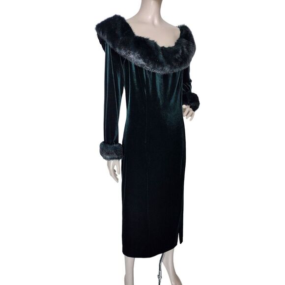 Vintage 80s 90s Aspeed Green Velvet Faux Fur Volump Bombshell Party Dress NEW - Picture 2 of 9